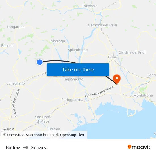 Budoia to Gonars map