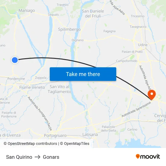 San Quirino to Gonars map