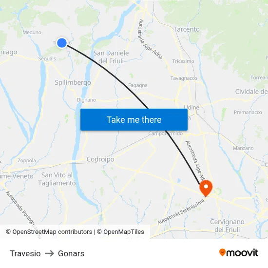 Travesio to Gonars map