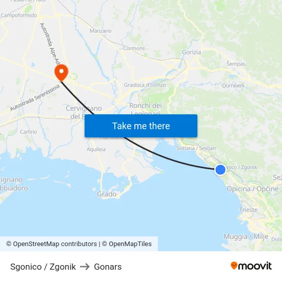 Sgonico / Zgonik to Gonars map