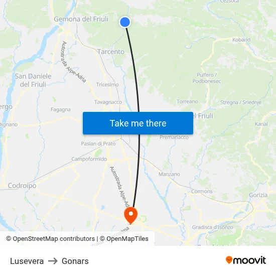 Lusevera to Gonars map