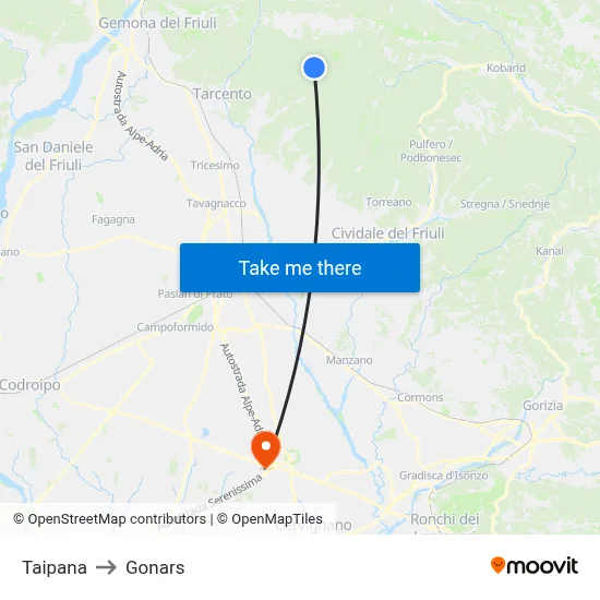 Taipana to Gonars map