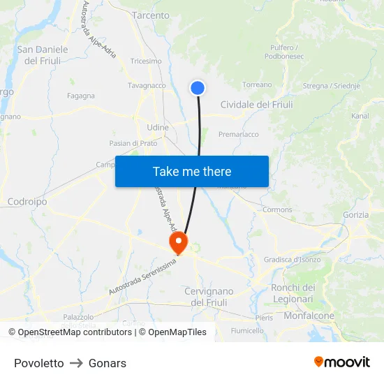 Povoletto to Gonars map