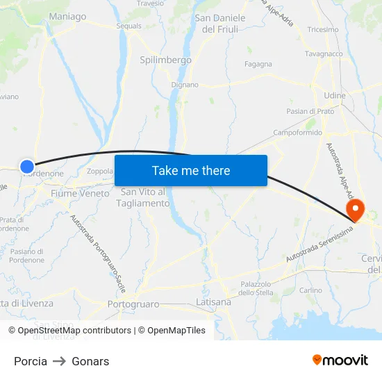 Porcia to Gonars map