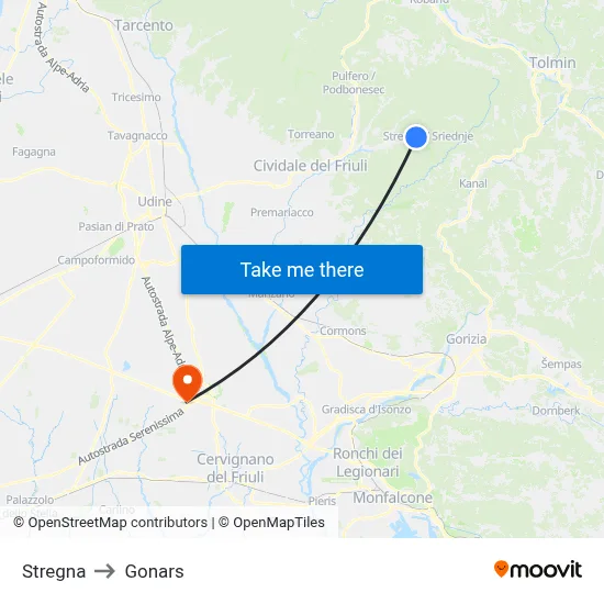 Stregna to Gonars map