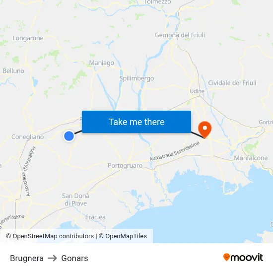 Brugnera to Gonars map