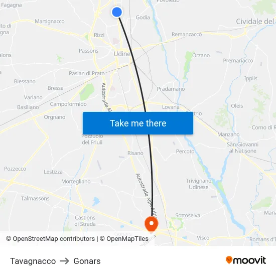 Tavagnacco to Gonars map