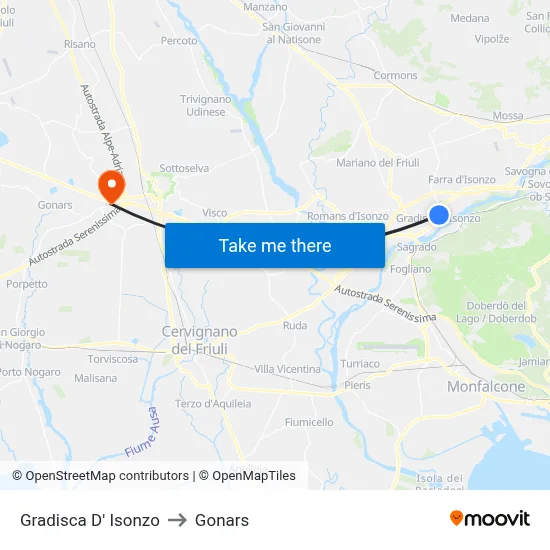 Gradisca D' Isonzo to Gonars map
