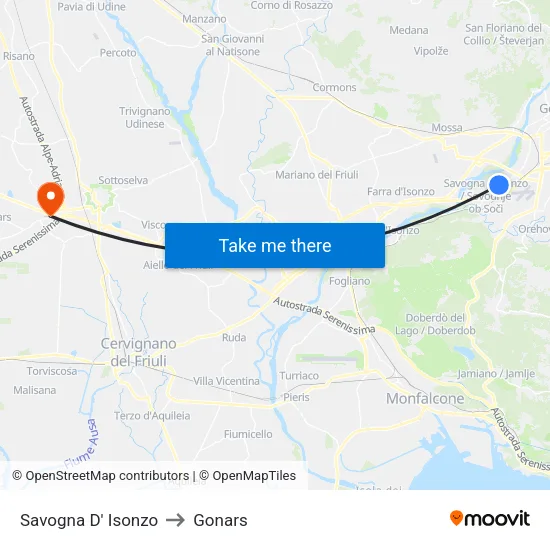 Savogna d'Isonzo to Gonars map