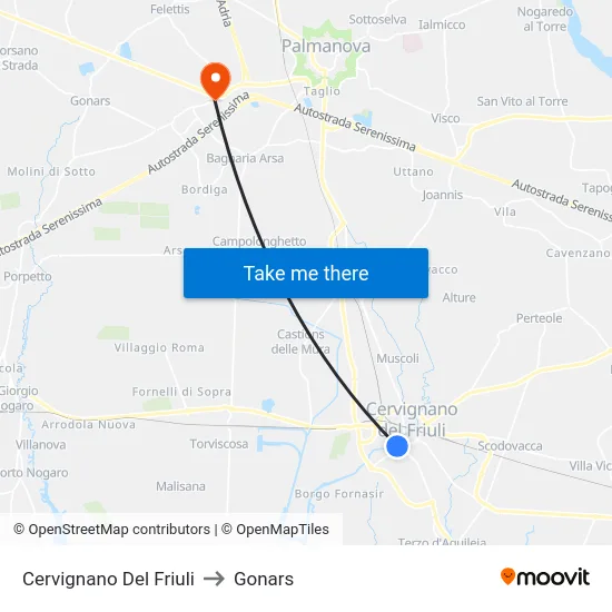 Cervignano Del Friuli to Gonars map