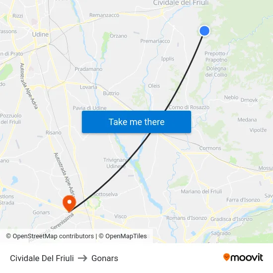 Cividale Del Friuli to Gonars map