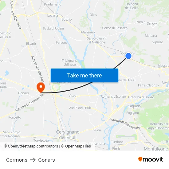 Cormons to Gonars map