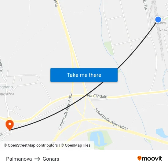 Palmanova to Gonars map