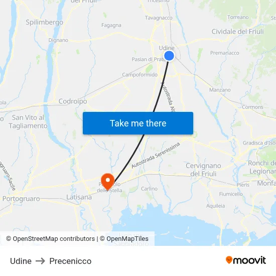 Udine to Precenicco map