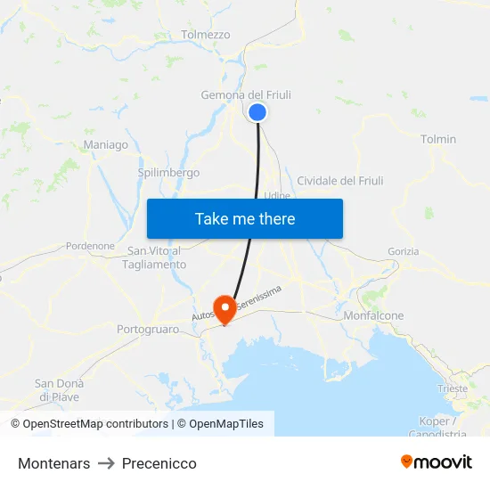 Montenars to Precenicco map