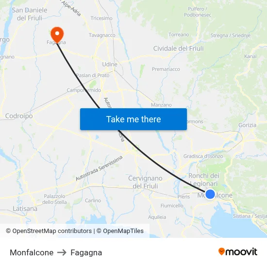 Monfalcone to Fagagna map