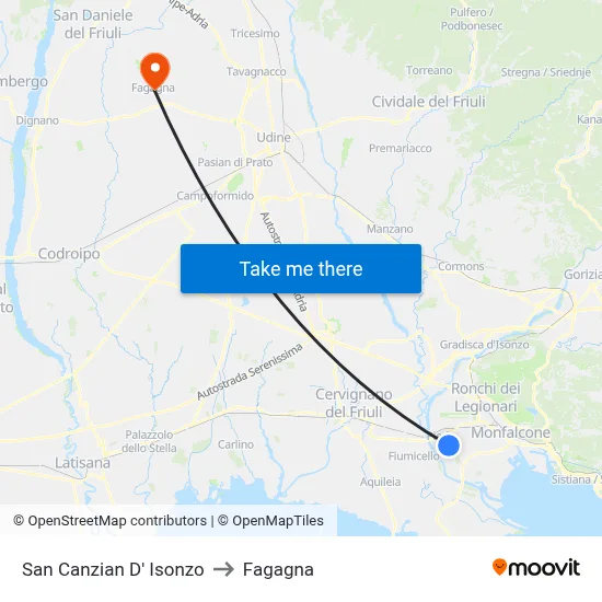 San Canzian d'Isonzo to Fagagna map