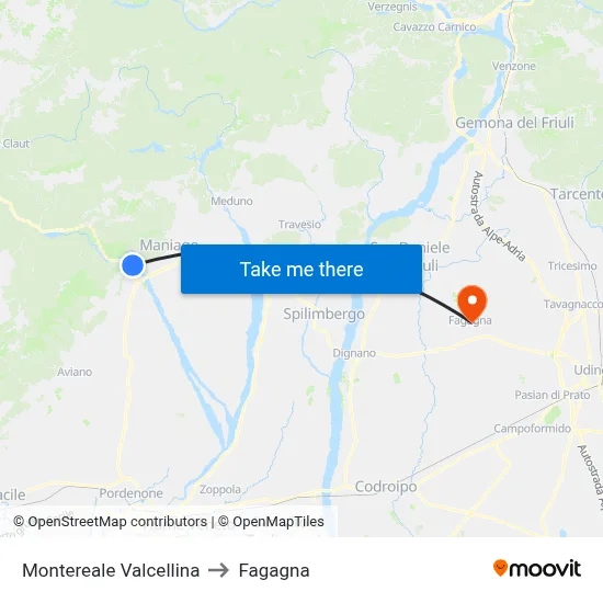 Montereale Valcellina to Fagagna map