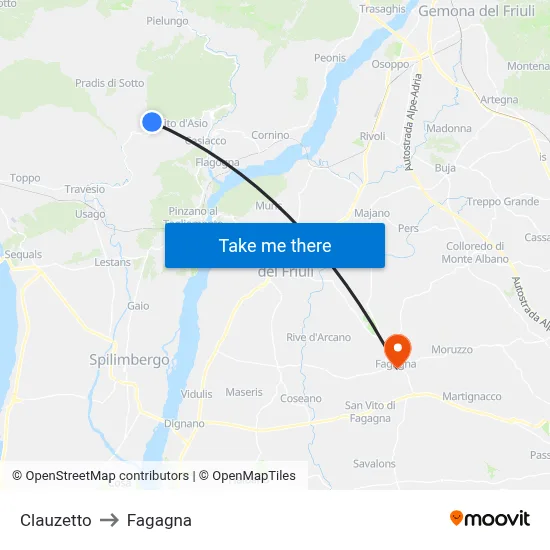 Clauzetto to Fagagna map