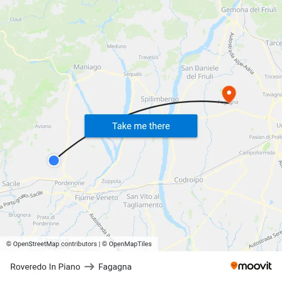 Roveredo in Piano to Fagagna map