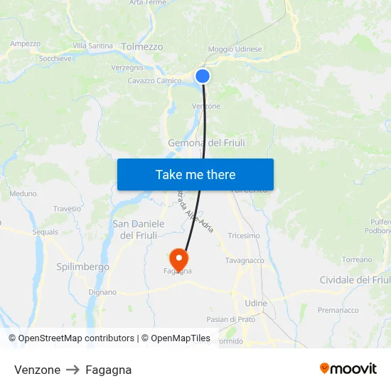 Venzone to Fagagna map