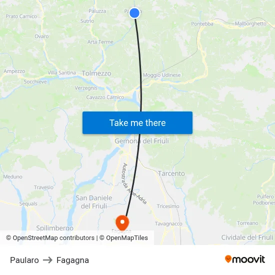 Paularo to Fagagna map