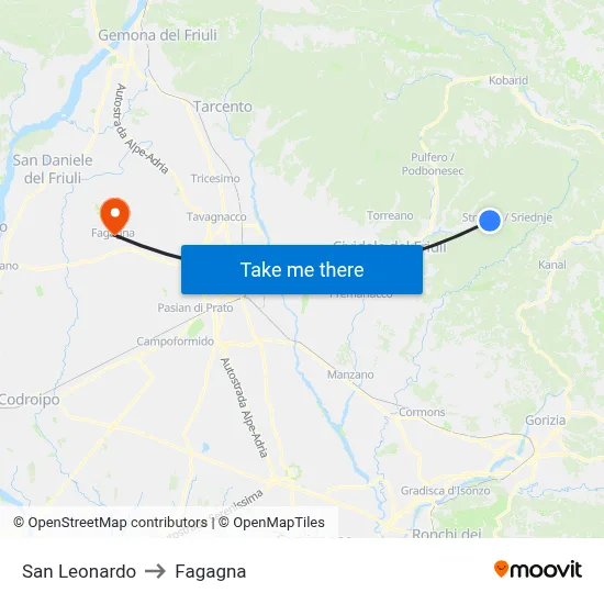 San Leonardo to Fagagna map