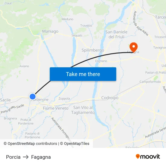 Porcia to Fagagna map