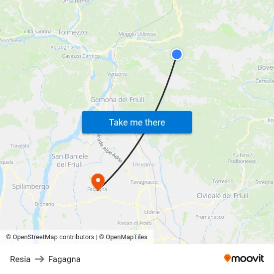 Resia to Fagagna map