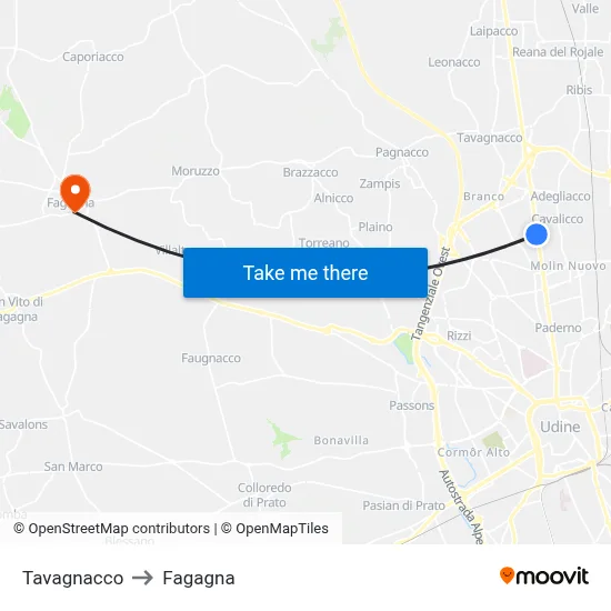 Tavagnacco to Fagagna map