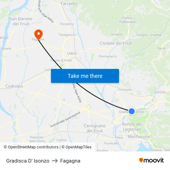 Gradisca d'Isonzo to Fagagna map