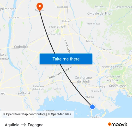 Aquileia to Fagagna map