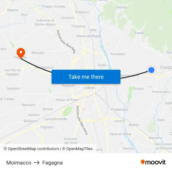 Moimacco to Fagagna map