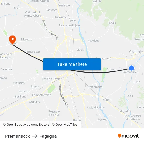 Premariacco to Fagagna map