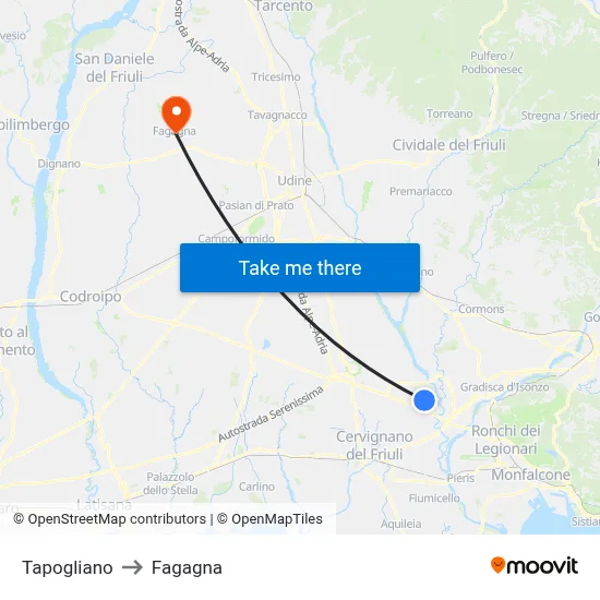 Tapogliano to Fagagna map