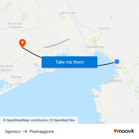 Sgonico to Pramaggiore map