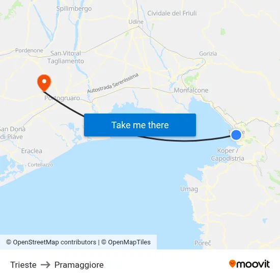 Trieste to Pramaggiore map