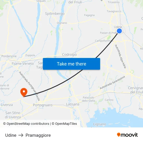 Udine to Pramaggiore map