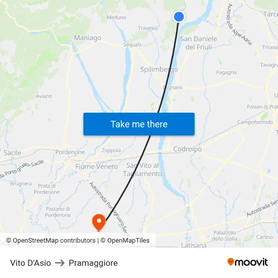 Vito d'Asio to Pramaggiore map
