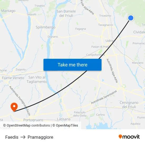 Faedis to Pramaggiore map