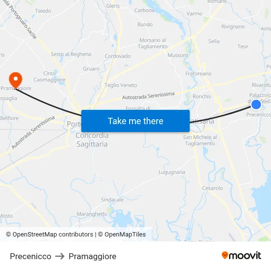 Precenicco to Pramaggiore map