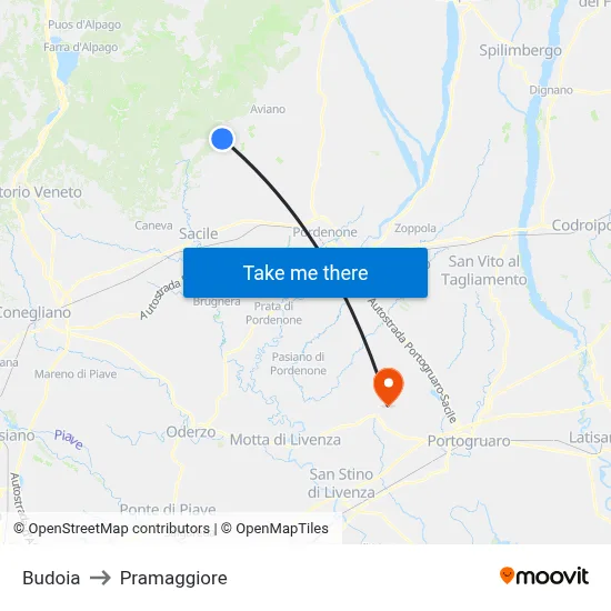 Budoia to Pramaggiore map