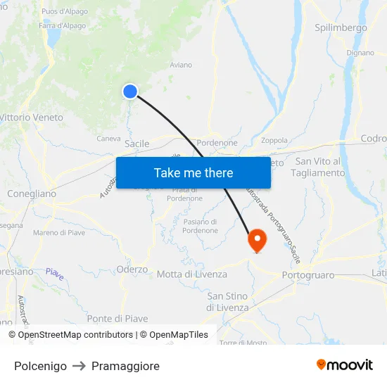 Polcenigo to Pramaggiore map