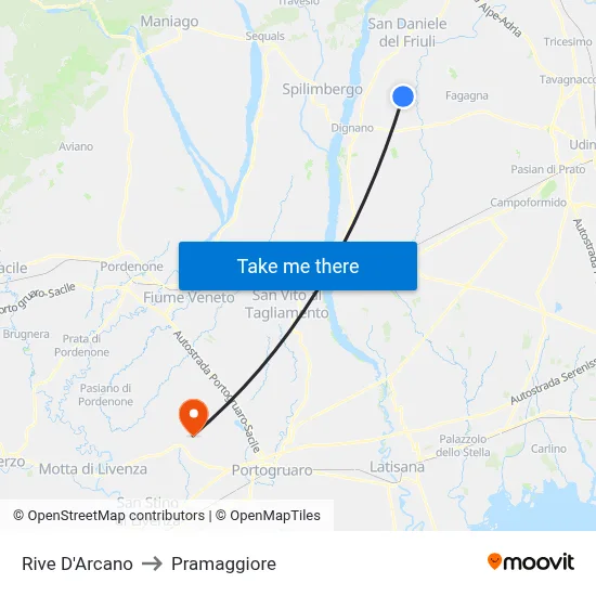 Rive d'Arcano to Pramaggiore map