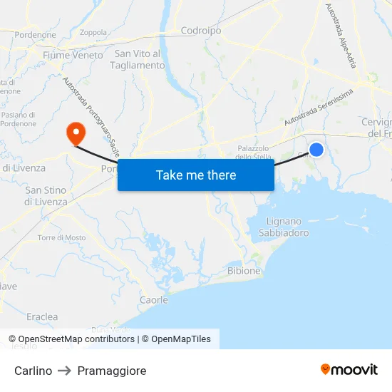 Carlino to Pramaggiore map