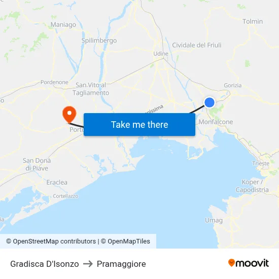 Gradisca d'Isonzo to Pramaggiore map