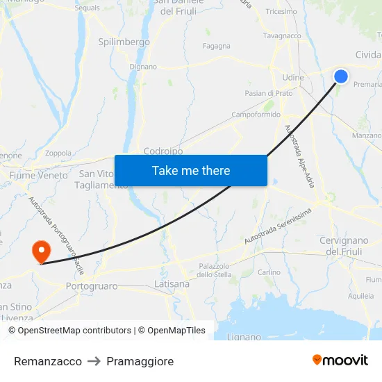 Remanzacco to Pramaggiore map