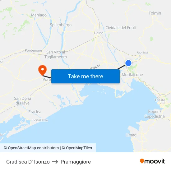 Gradisca d'Isonzo to Pramaggiore map