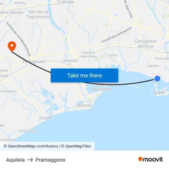 Aquileia to Pramaggiore map
