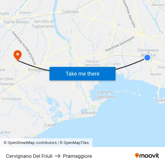 Cervignano del Friuli to Pramaggiore map